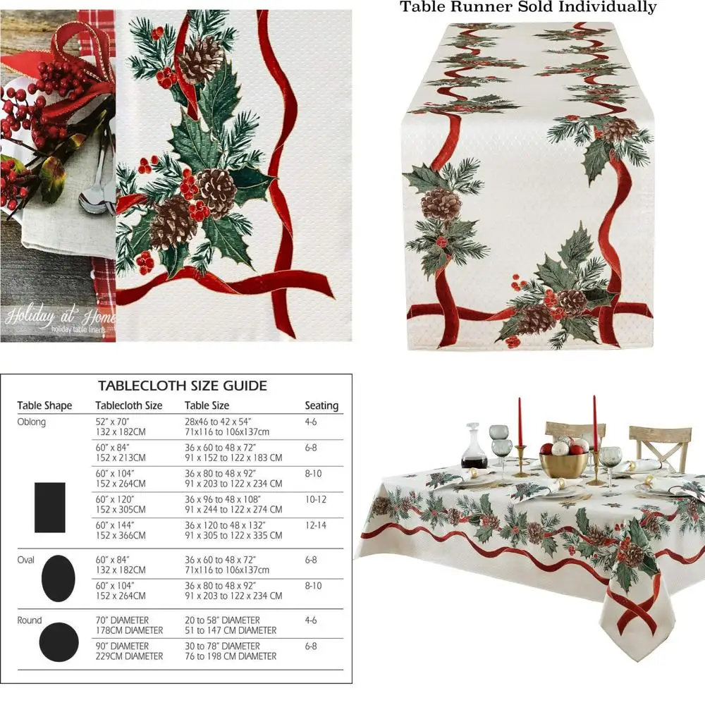 

Holly & Pine Christmas Tablecloth, 60x120, Double Ribbon Border, Easy Care, Country Cottage Style
