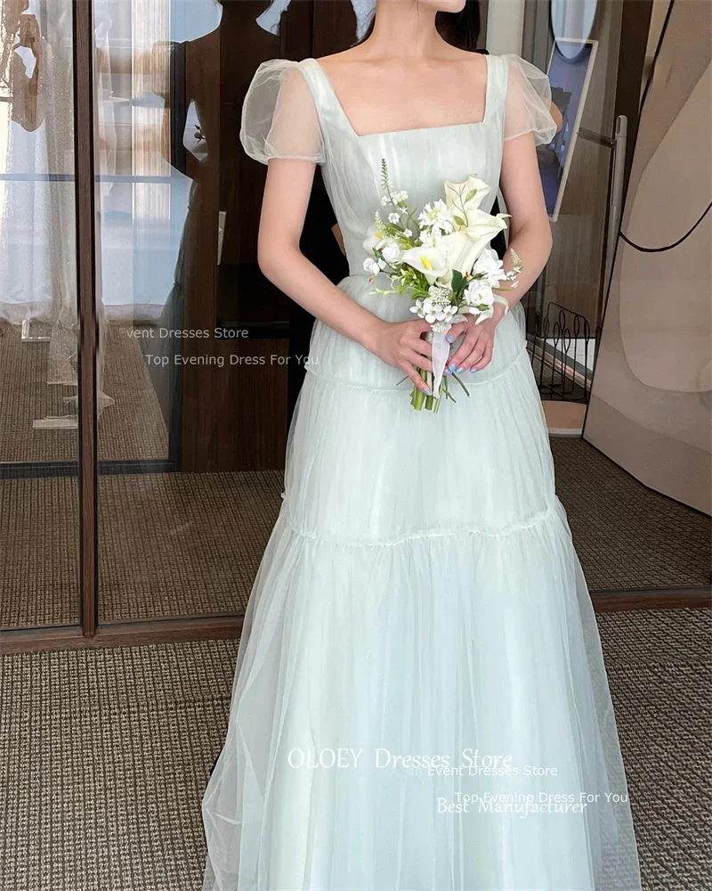 OLOEY Fairy Tulle A-Line Korean Wedding Dresses Photo shoot Puff Short Sleeves Prom Dresses Floor Length Bridal Party Dresses