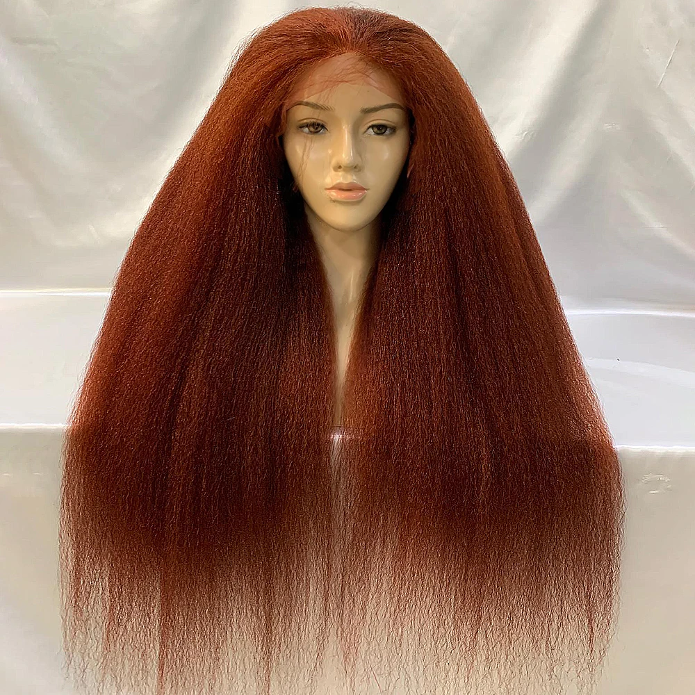

Reddish Brown 450 Density Kinky Straight 13x6HD Transparent Lace Frontal Wig 36 Inch Colored 100% Brazilian Human Hair For Women