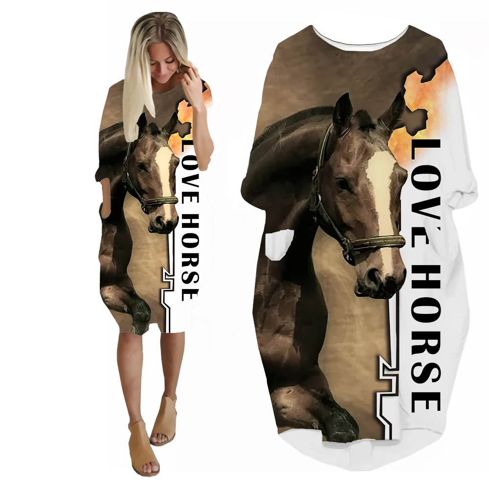 SONSPEE Love Horse 3D Print Women's Dress Animal Horse Image Pockets Skirt New Fashion Personality Long Sleeve Knee Length Gown