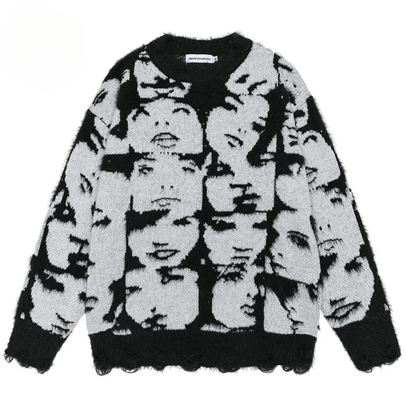 

Men Y2K Sweaters Face Graphic Sweaters Knitted Jumpers Streetwear Harajuku Hip Hop Oversized Sweaters Knitwear