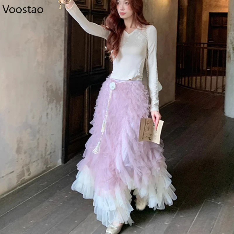 Moda feminina tule longo bolo saia cintura alta gaze rosa roxo gradiente babados saias doces elegante vestido de baile saias de festa