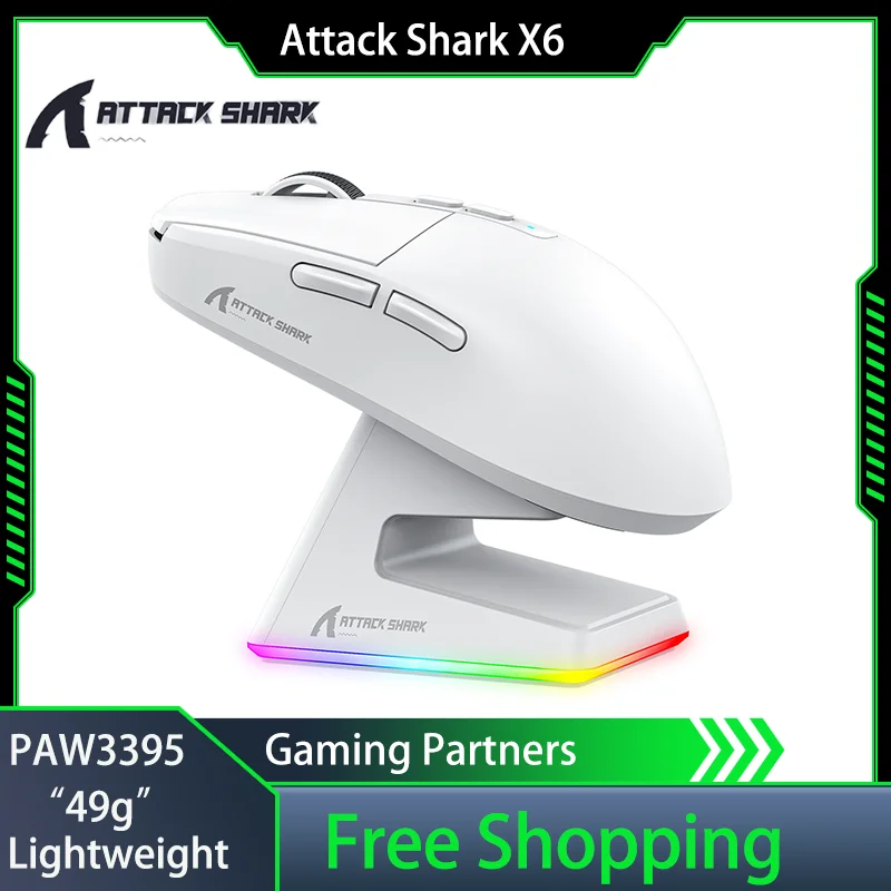 Attack Shark X6 Bluetoo Mouse Paw3395 Tri-Mode Wireless Lightweight  E-Sports Charging Rgb Base Ergonomics Laptop Gaming Mouse