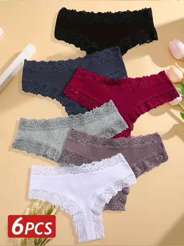 6PCS/Set Sexy Lace Cotton Panties Women Brazilian Panties Ladies Sexy Low Waist Elastic T-Back Bikini Solid Soft Lingerie S-XL