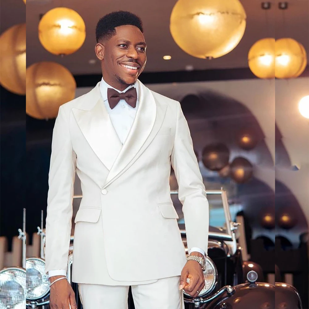 Wedding Men's Suits Outfits Formal White One-Button Clothing Regular Length Elegant Groom 2 Piece Jacket Pants Sets Costume