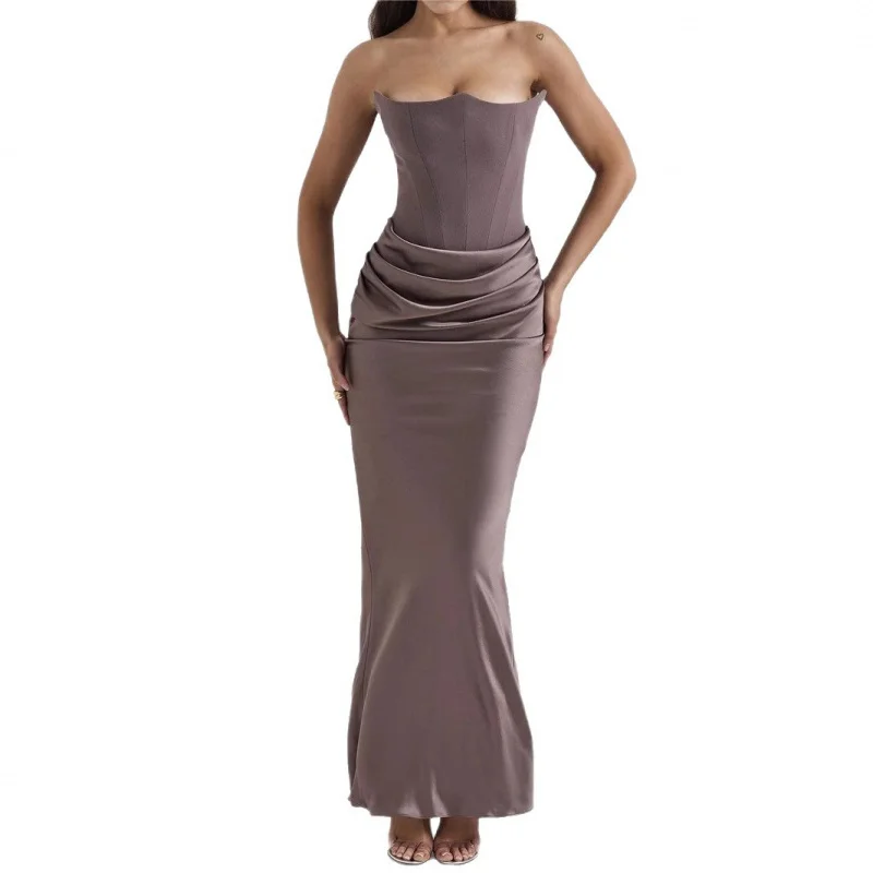 2025 estilo outono inverno nova moda feminina sem alças sem costas vestido de noite fino