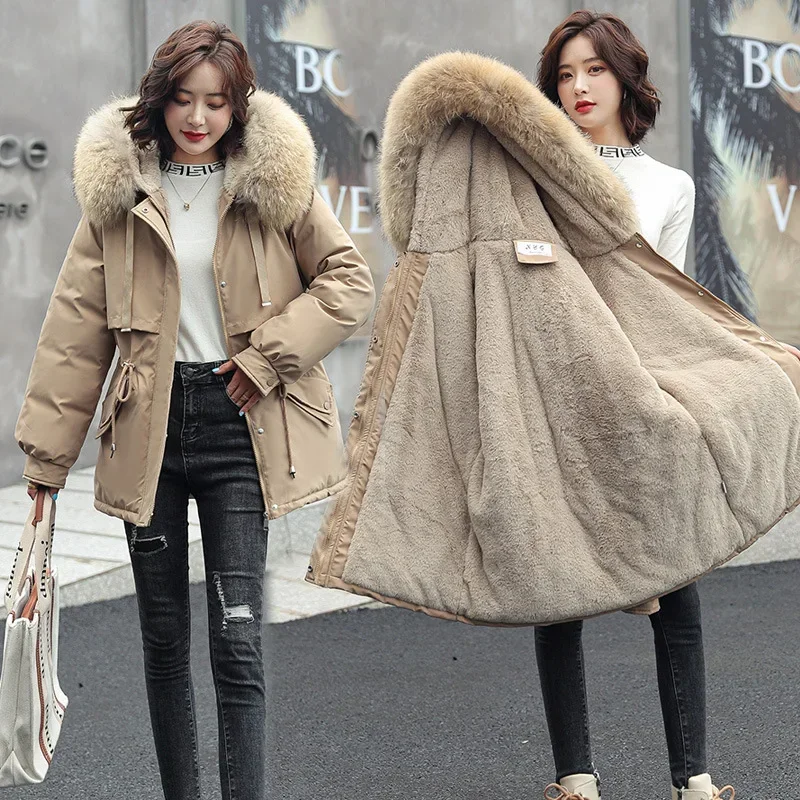 2025 Women Winter Jacket Coat Parkas Winter Clothes Fur Lining Hooded Mid Long Thicke Warm Cotton Padded Jacket Female Outwear