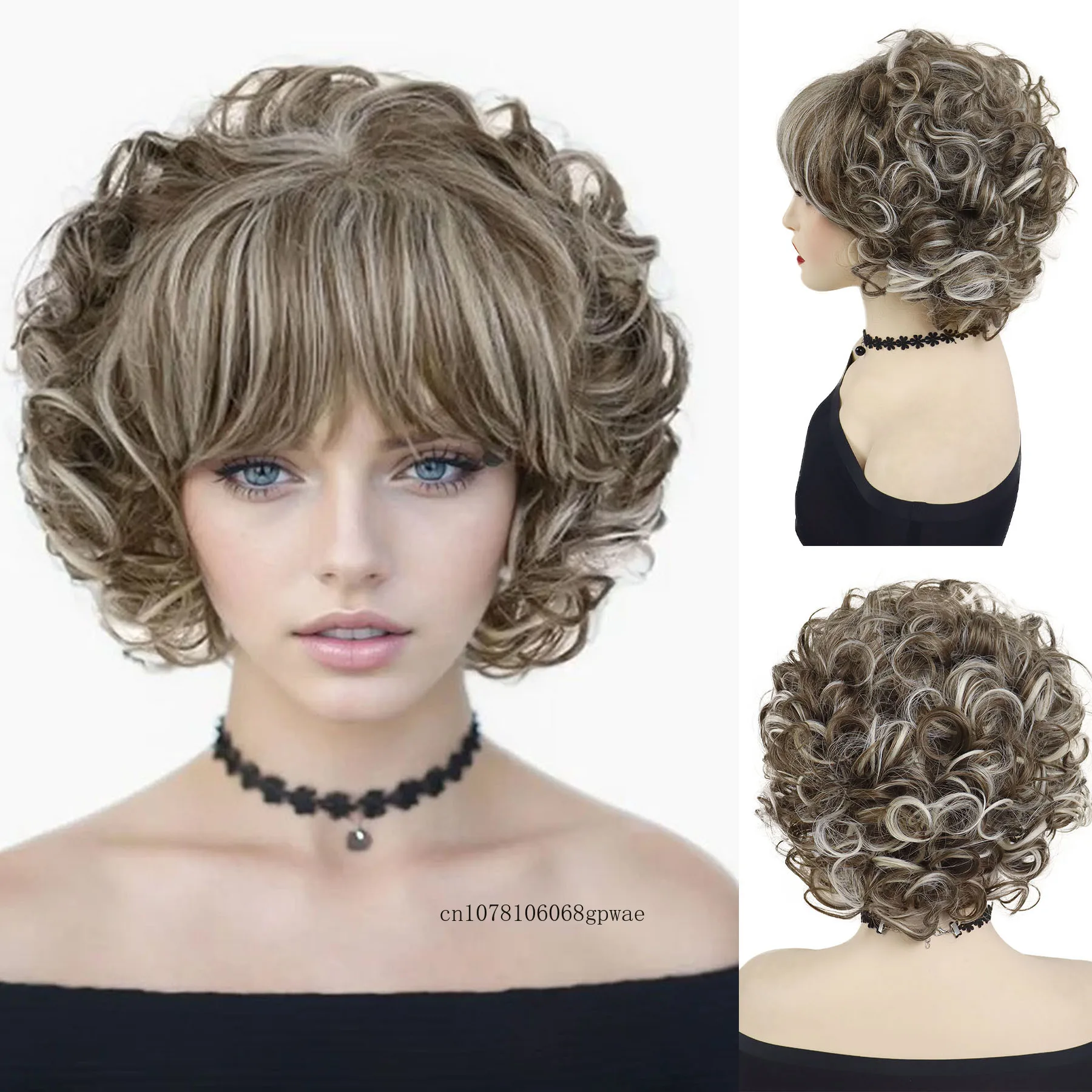 

Synthetic Short Curly Wigs for Women Fluffy Brown Mix White Wig with Bangs Natural and Realistic Daily Party Costume Mommy Wig