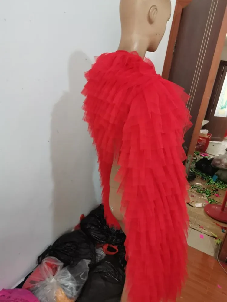 Strój piosenkarza Żółty czerwony szal Bar Party Kostium sceniczny Seksowna kobieta Gogo Dance Mesh Rękaw na ramię Ubrania dla piosenkarza