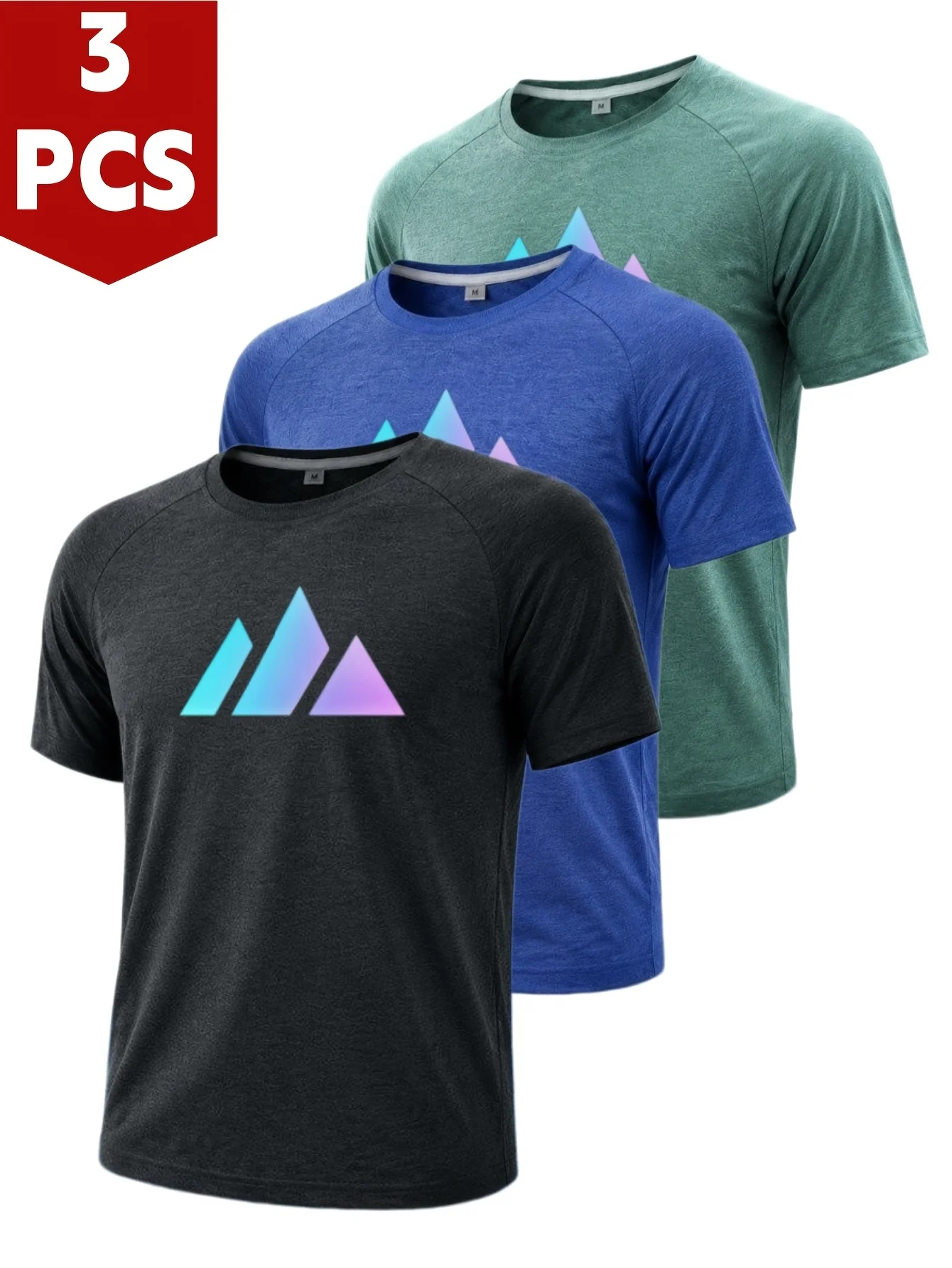 3pcs  gradient mountain-shaped print ice fiber fabric short-sleeved, ultra-elastic, quick-drying, non-sagging T-shirt