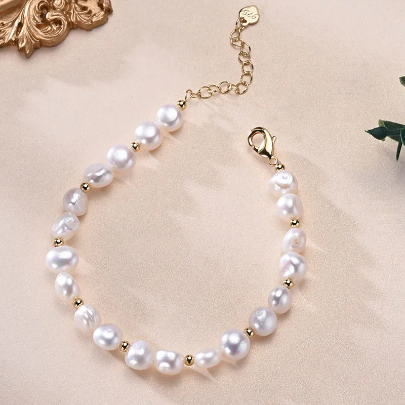 Natural Freshwater Pearls Baroque Shape Bracelet Golden Small Bead S925 Sterling Silver Chain Fine Jewelry Gifts for Women