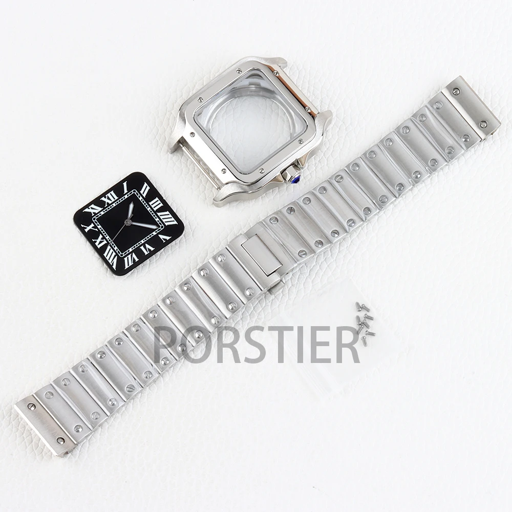 Gold/Silver NH35 Square Watch Case 38mm for Santos Mod 27mm Dial NH35 NH36 NH38 movement Stainless steel Bracelet Waterproof image 4