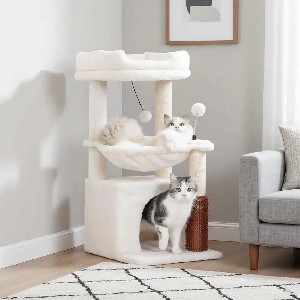 

32 Inches Small Cat Tree for Large Cats with Scratching Post, Large Hammock, Self Groomer, Removable Top Perch and Wide Condo -