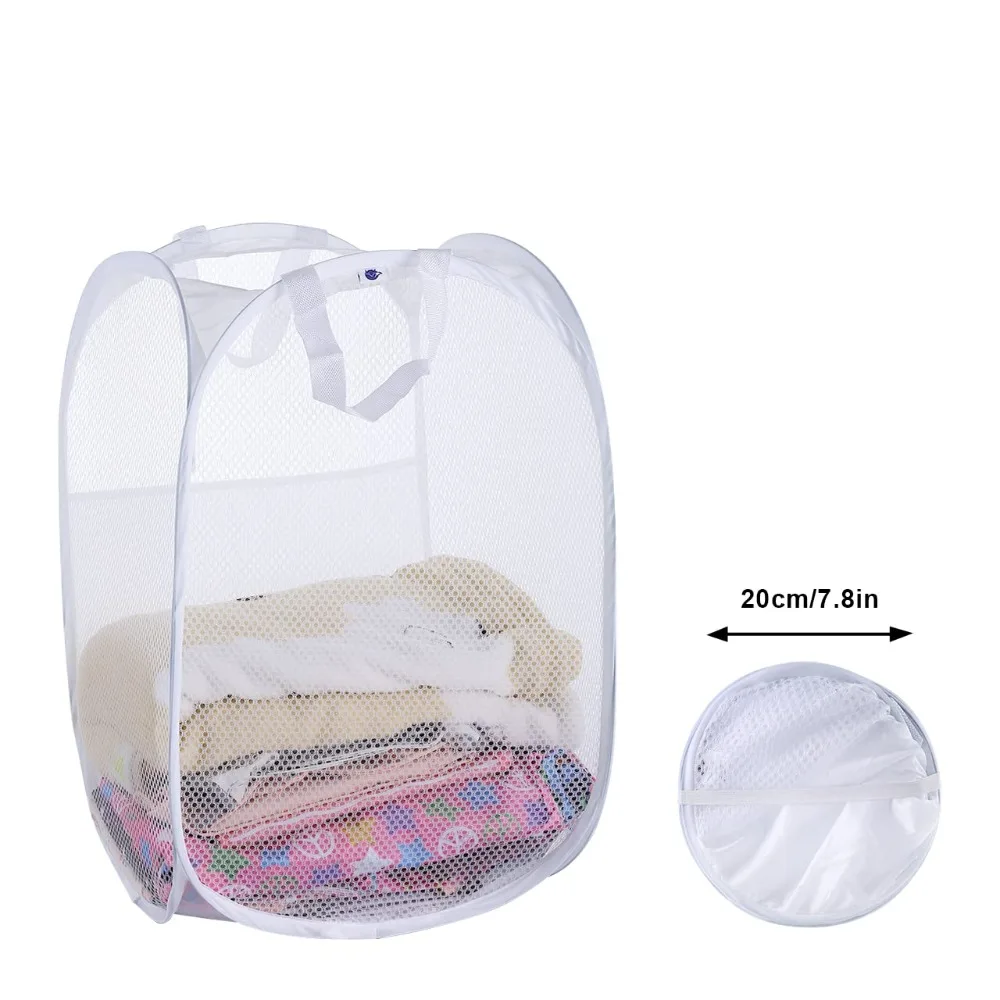 Cesto de Roupa Suja Dobrável em Tela Respirável com Bolso Lateral para Banheiro e Quarto de Dormitório Universitário