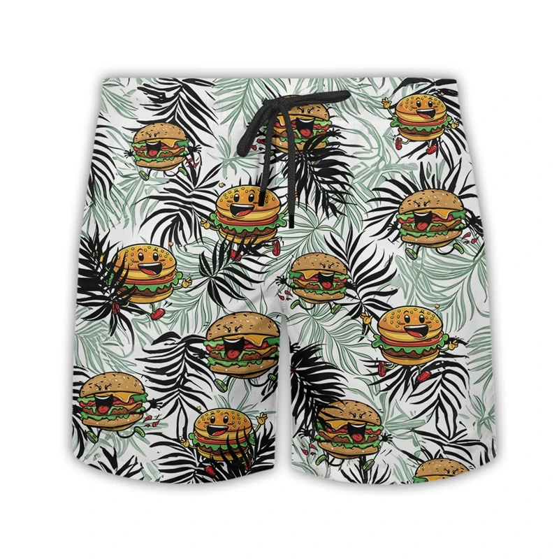 Divertenti pantaloni corti con grafica hamburger Moda Estate Uomo Donna Pantaloncini da spiaggia stampati con cibo 3D Costume da bagno hawaiano con personalità casual