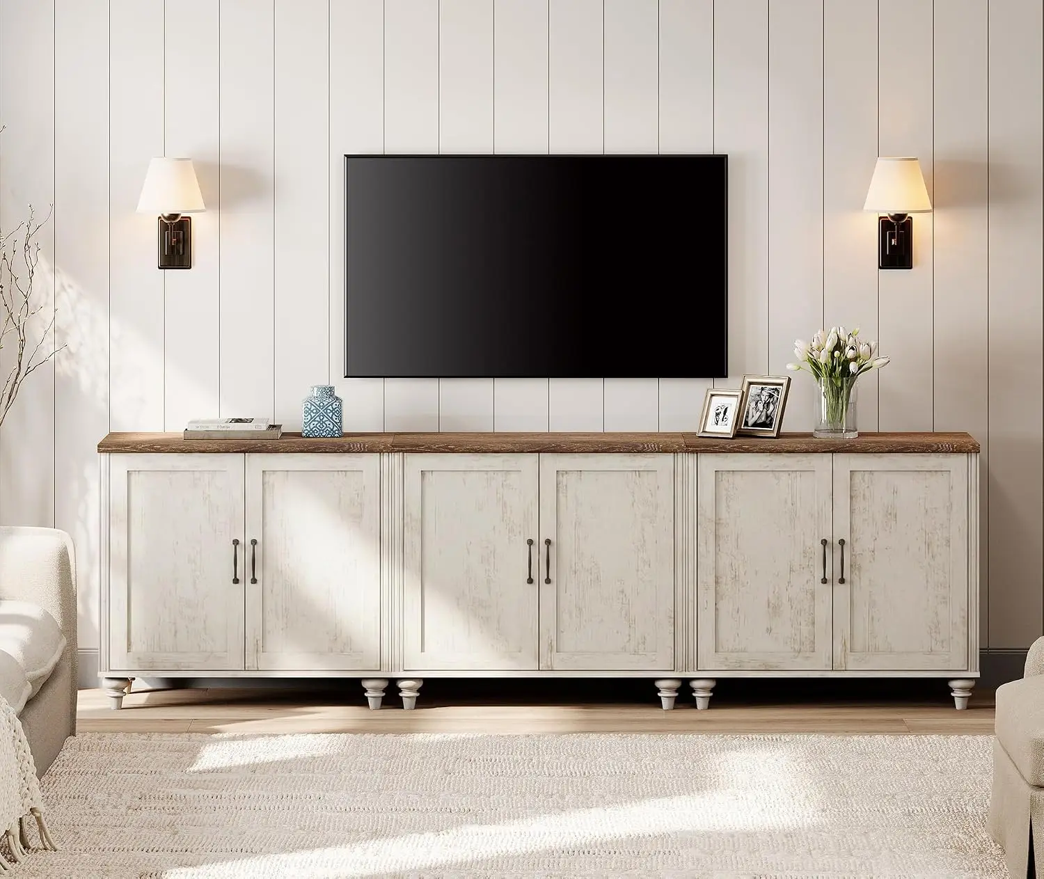 Rustic White TV Stand With 6 Wood Doors For 100 Inch Television, Customized