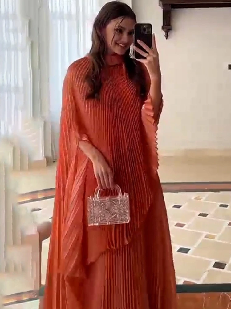 Eid Frauen Kleid Cape Muslimischen Abaya Vestidos Largos Plissee Solide Party Kaftan Jalabiya Ramadan Lange Kleider Dubai Arabischen Robe 2023