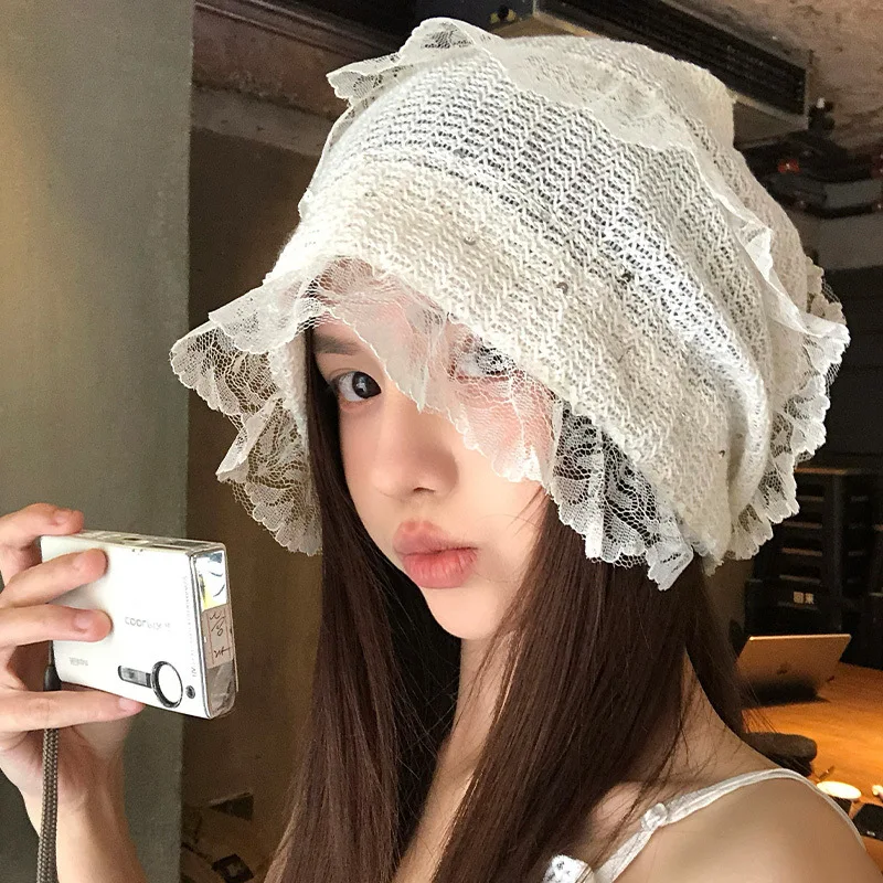 

Korean Lace Kawaii Pullover Hat Cute Hundred White Breathable Girl's Bowler Hat Ins Sweet Girl Flower Girl Decorated Hat
