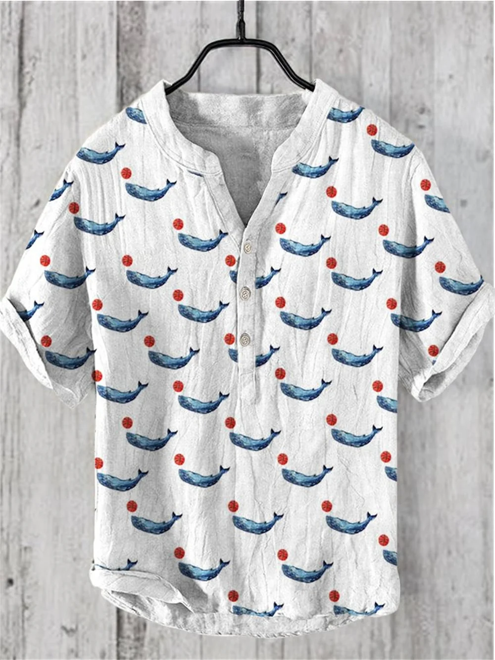 2024 New Men\'s Shirt Japanese Vintage Art Print Linen Short sleeved Shirt Hawaiian Style Button Henry Neck Shirt