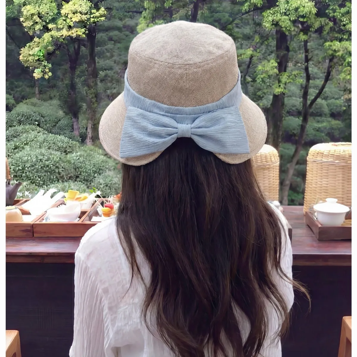 Summer Women Foldable Bucket Hat Bow Decor Split Brim UV Protection Breathable Flattering Outdoor Travel Walking Daily Sun Cap