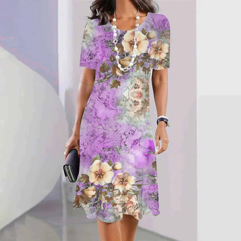 Flower Pattern Fashion Elegant Women Mini Dresses Short Sleeve 3D Floral Printed Street Ladies Dress 3XL Plus Size Casual Dress