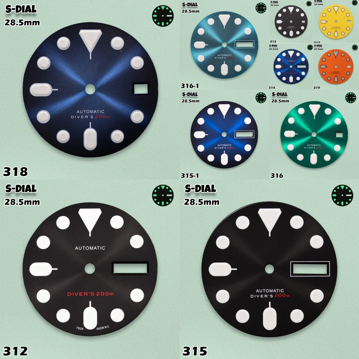 Relojes SKO S Logo de 28.5mm SKX007 con Esfera Mate/Radiada, Movimientos NH36/4R36, Luminiscencia Verde 3C para Hombre, Accesorios de Modificación de Relojes