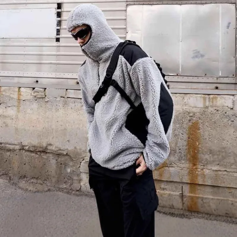 

New ake Face Lamb Wool Splicing Casual Warm Street Trend Men's ort Pants Loose Fit Tee-acetate Fiber Ci Walk Autumn