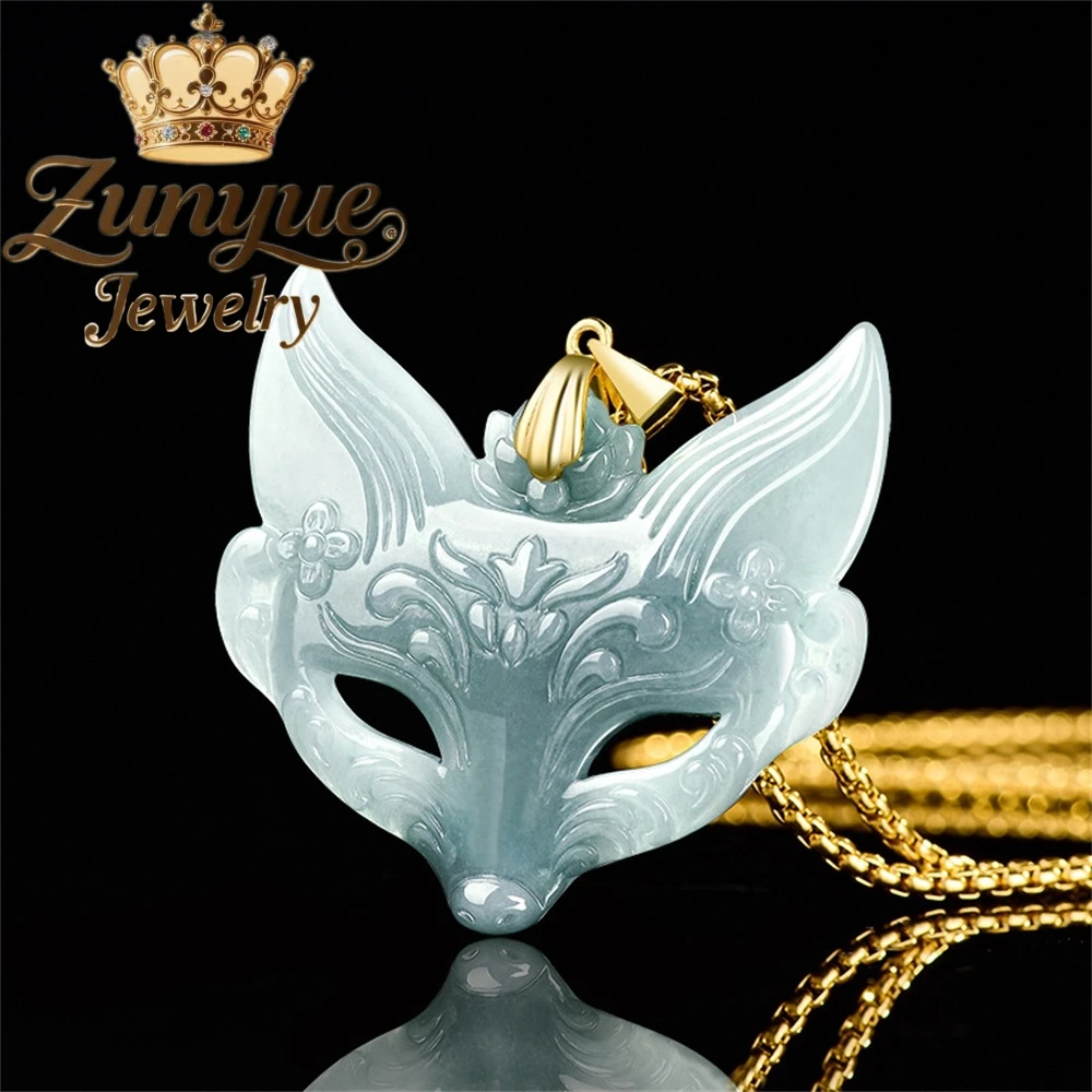 

Natural A-Grade Jade Blue Water Fox Nine-Tailed Fox Mask Pendant Jade Pendant S925 Silver Inlaid Men's Women's Style Pendant