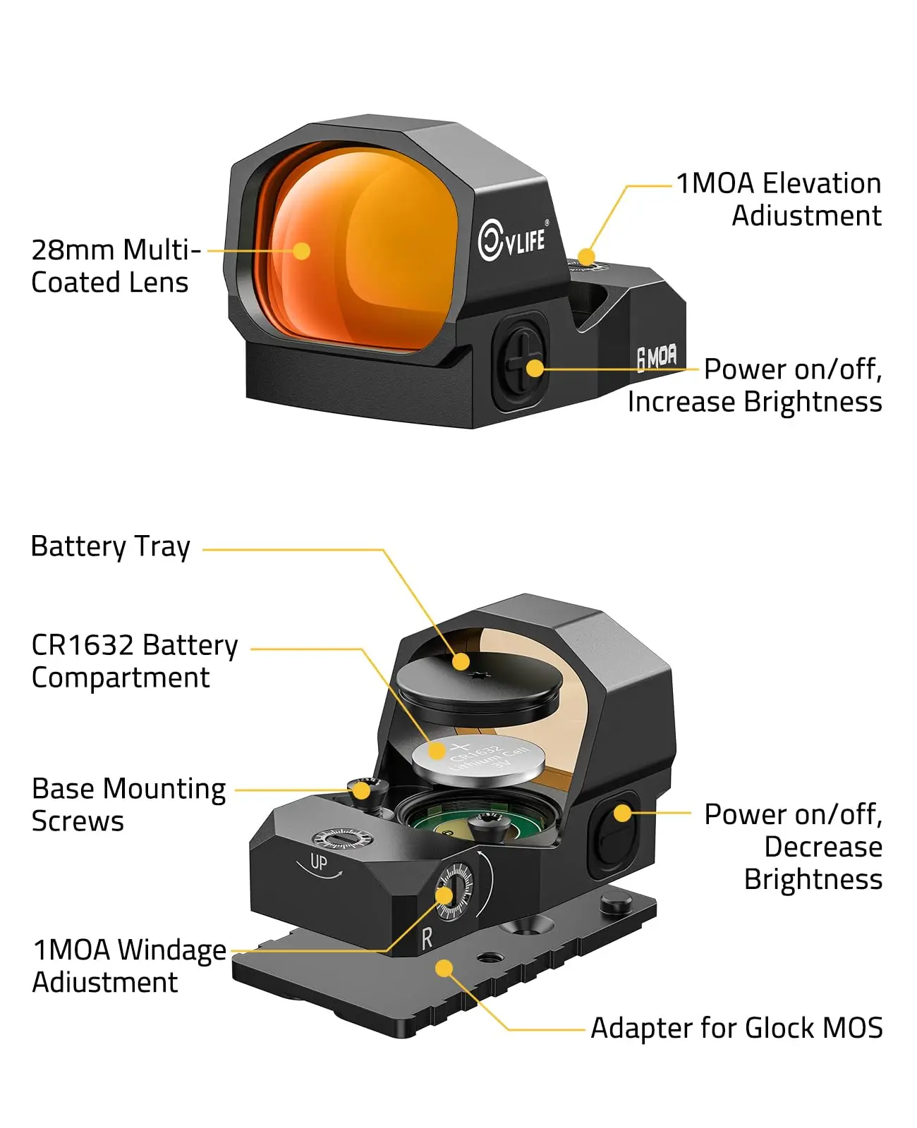 Motion Awake 6 MOA Hunting Red Green Dot Sight Scope for RMR Adapter MOS 21MM Picatinny 1.1
