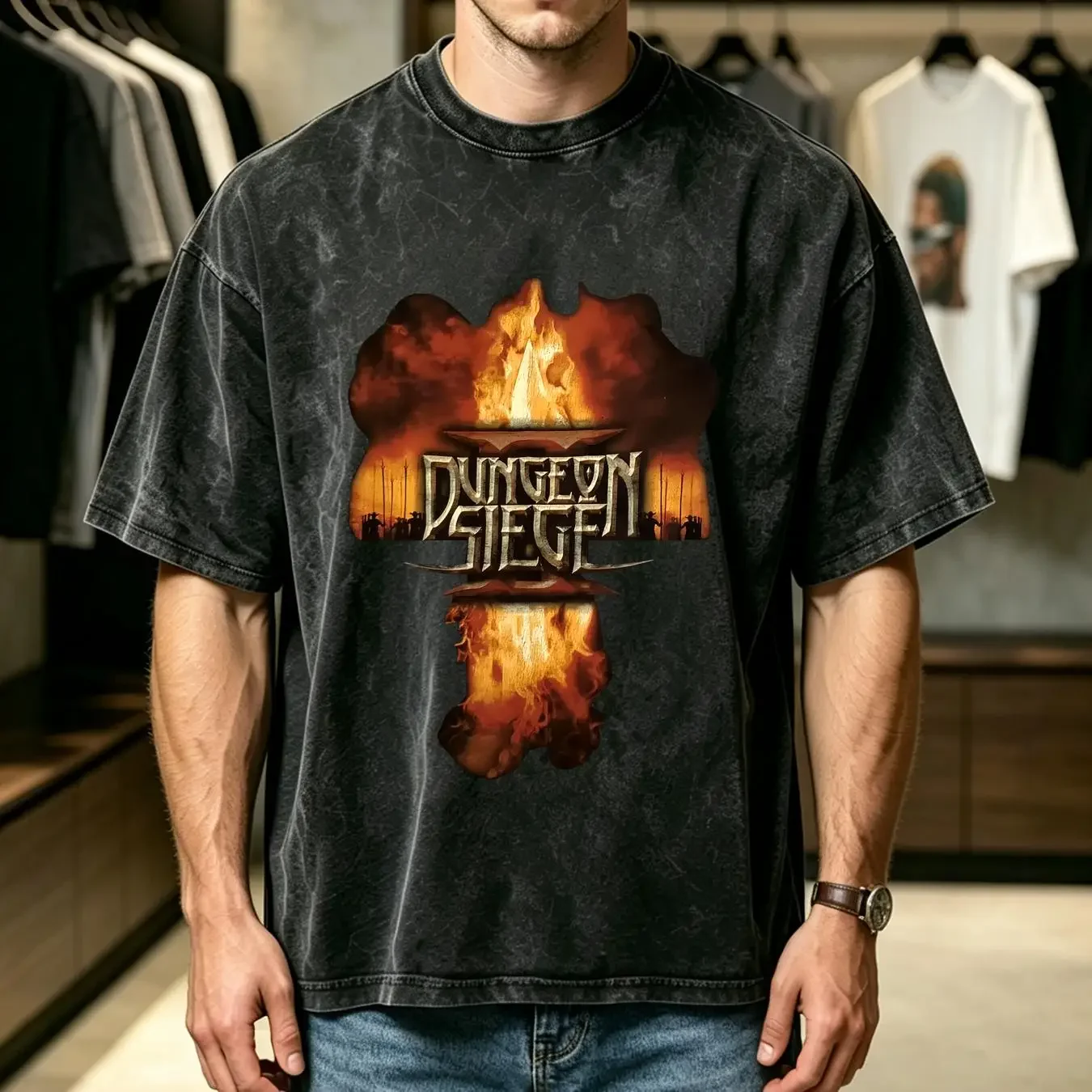 washed T Shirt Dungeon Siege 2 Mens Black L 2005 Video Game PC Y2K Action Role Playing vintage Washed Versatile graphic