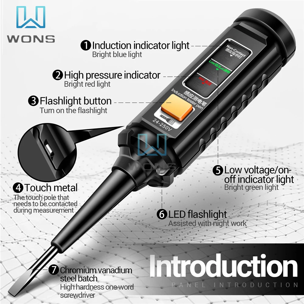 ANENG B15 AC 24V-250V Tester Pen Highlight Color Light Professional AC Voltage Detection Electrician Screwdriver Testing Tools