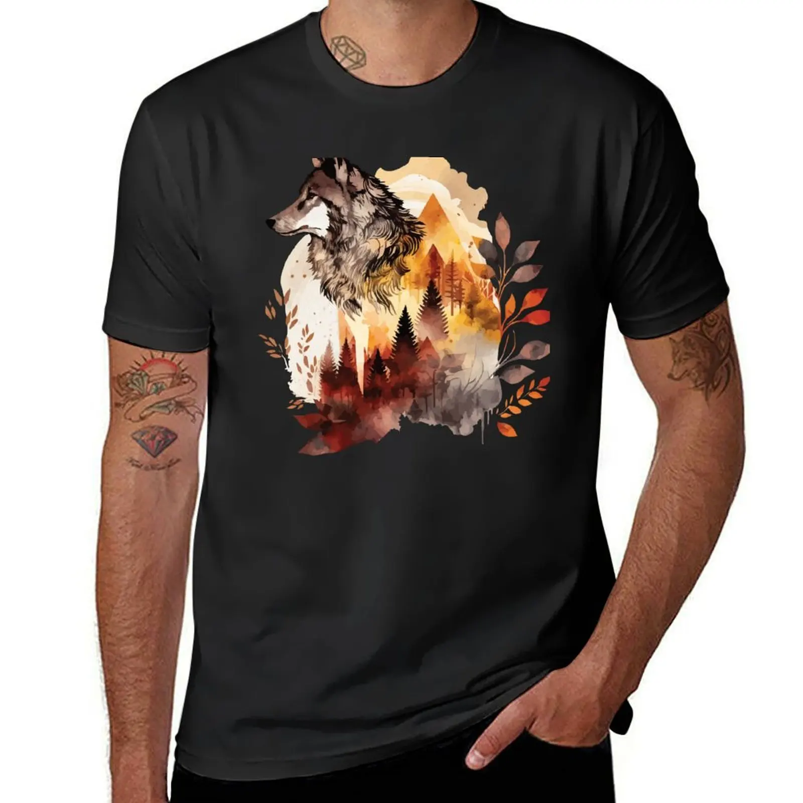 

A Watercolor of a Wolf in Orange Toned Forest - Boho Animals T-Shirt boys whites sweat aesthetic clothes sweat shirts, men