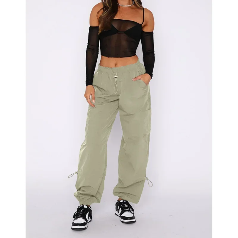 

KEXU Women Fashion Drawstring Waist Pocket Front Safari Style Straight Pants 2024 New Casual Summer Street Cargo Trousers