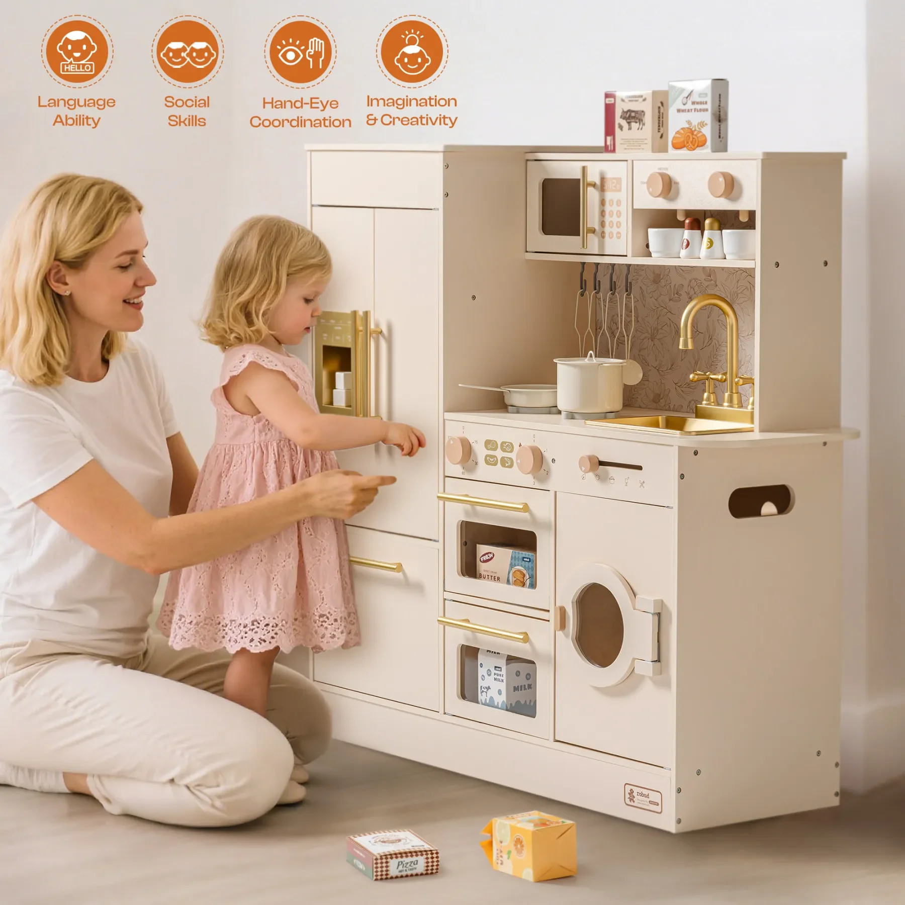 Robotime Robud Juego de cocina floral de madera para niños, juego de simulación de juguete con refrigerador, horno, microondas para niñas y niños, color beige