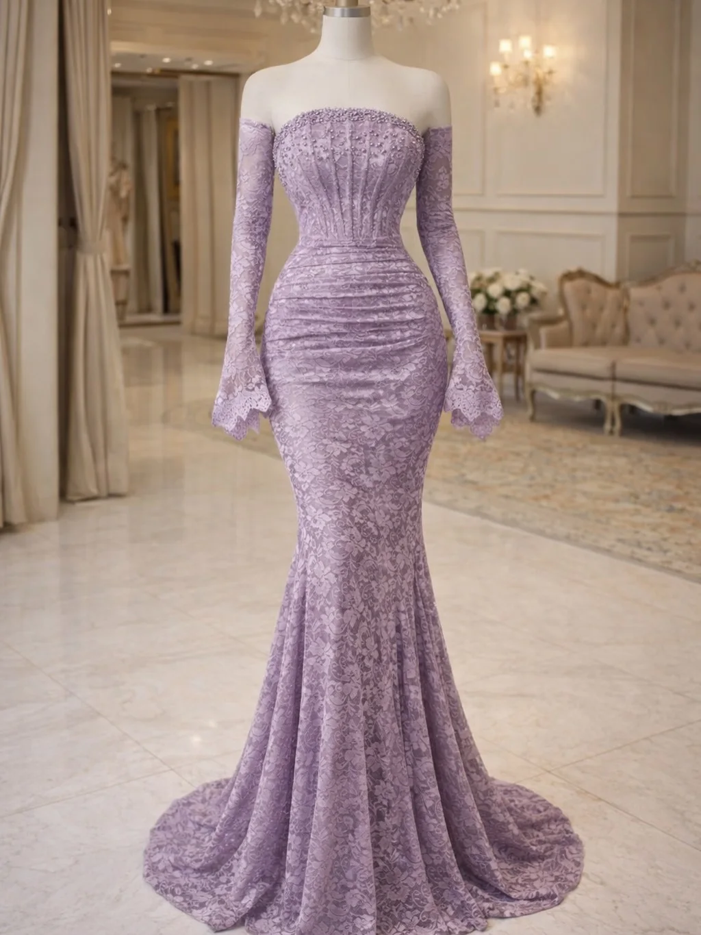 

Ofherown Lilac Off Shoulder Lace Mermaid Evening Dress Beaded Neckline Flare Long Sleeve Formal Prom Gown For Arabic Wedding