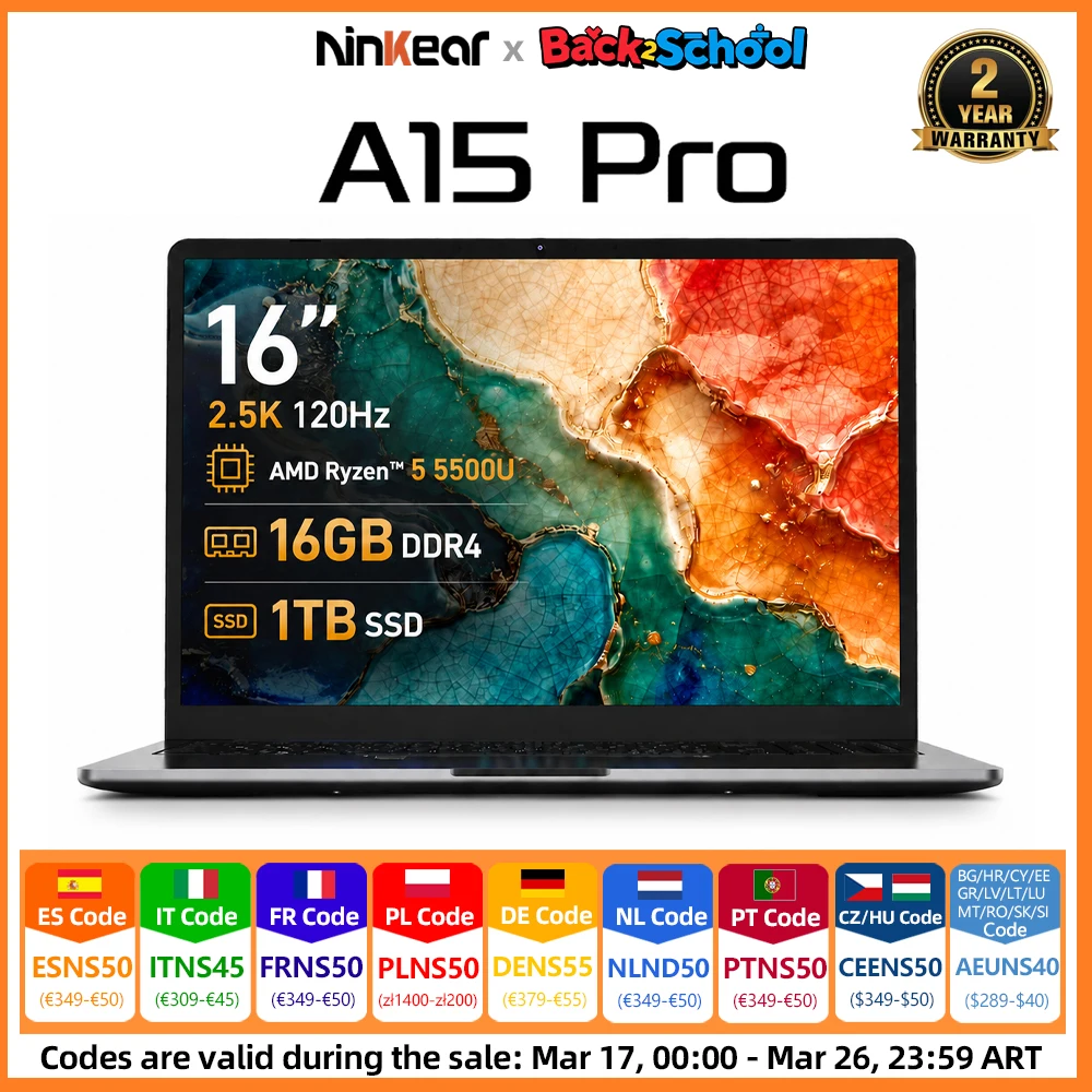 Ninkear A15 Portátil 16" 2.5K 120Hz, AMD Ryzen 5 5500U, 16GB DDR4 + 1TB SSD, Chasis Metálico, WiFi 6, Lector de… — oferta en AliExpress