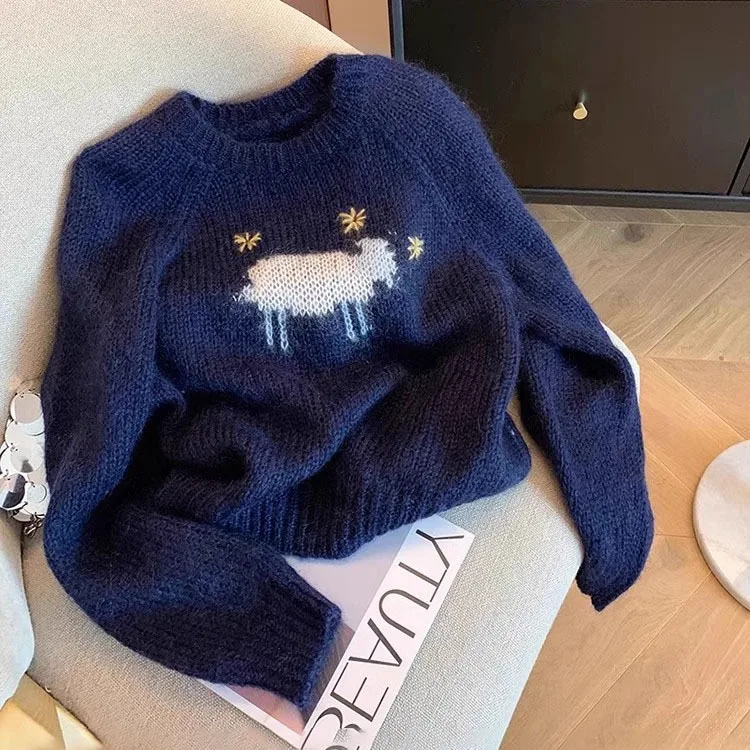 

2025 Autumn and Winter New Popular Solid Color Lamb Embroidered Round Neck Soft Waxy Versatile Foreign Style Knitted Sweater