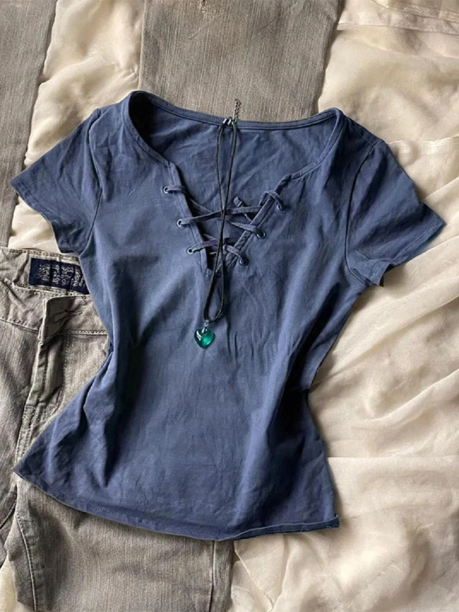 

Blue V-Ne T-irt Women's Summer Faion Retro Design ort Sve Original BaoYao Girl Knot Tie Top Cotton Slim Fit Tee
