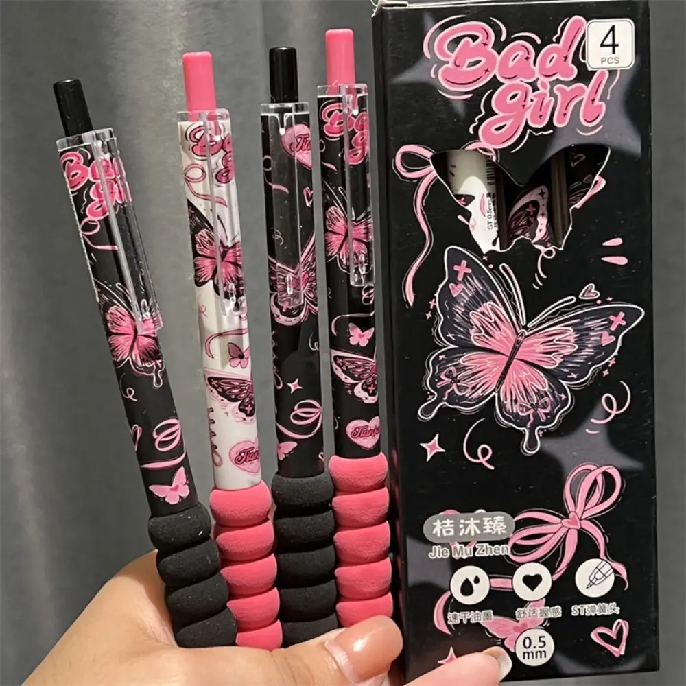 4PCS/Set Butterfly Rose Soft Grip Press Gel Pen ST Tip Quick Drying Neutral Pen Student Specific 0.5mm Black Ink Ballpoint Pen