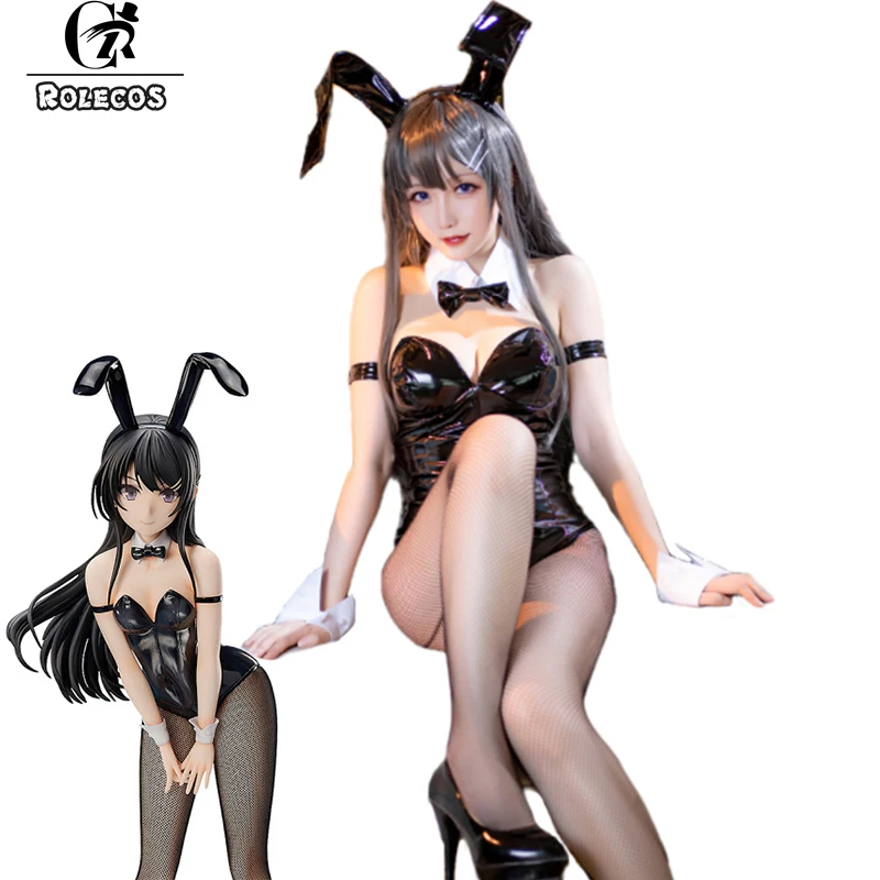 

ROLECOS Anime Sakurajima Mai Cosplay Costume Women Black Sexy Bunny Jumpsuit Leather Rascal Does Not Dream of Bunny Girl Senpai