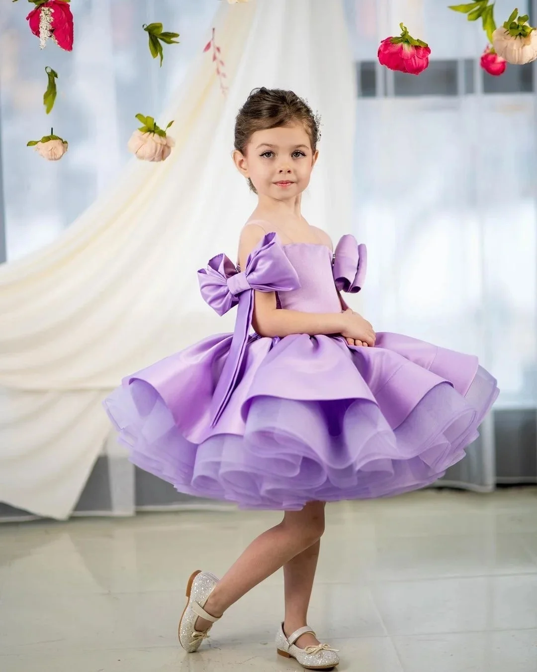 Custom Flower Girl Dress Wedding Gown Birthday Party Dress Big Bow Ruffle Layered Satin Tulle Tutu Princess Dress For Little Gir