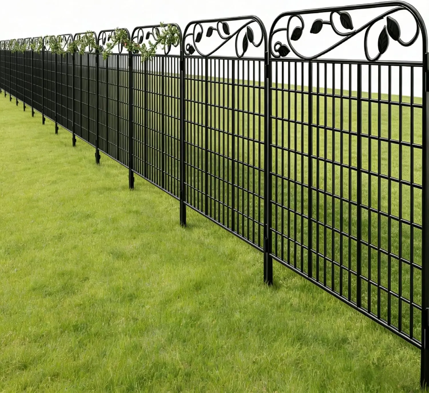 

44" Tall 12ft Long Rustproof Metal Garden Fence Gate with Leaves, Dog Barrier for Yard Flower Bed Black