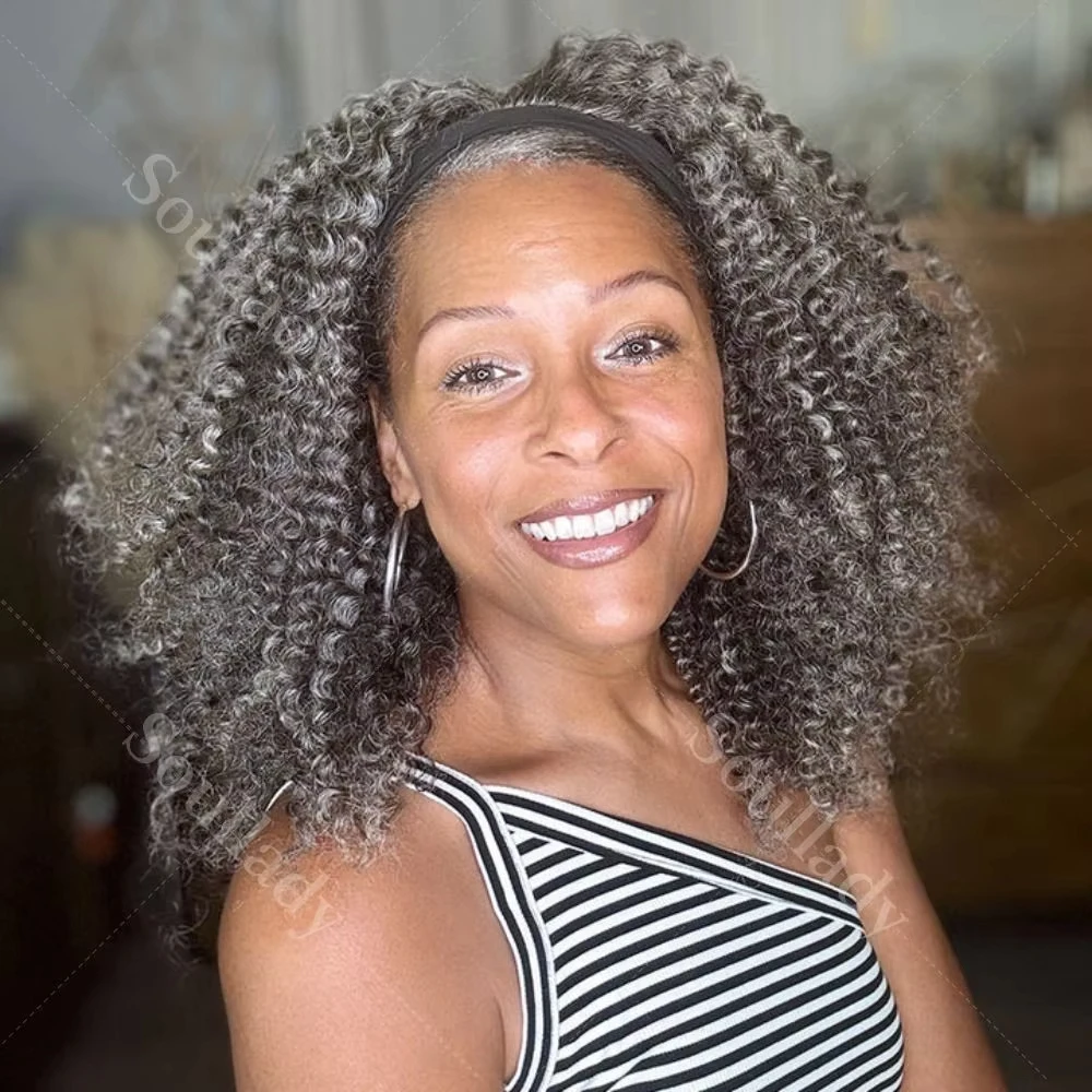 Silver Gray Jerry Curly Human Hair Headband Wig Salt And Pepper Color Kinky Curl Grey Short Bob Human Hair Wigs For Mature Women