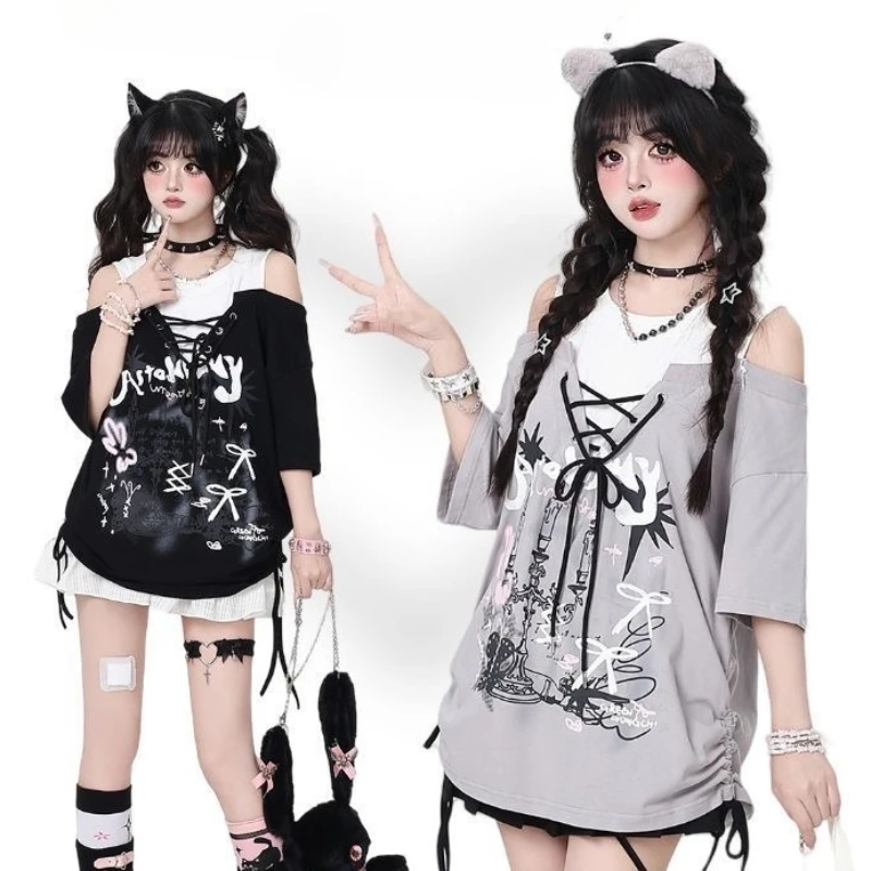 Y2k Japanese Kawaii Cartoon Print Tops Women Harajuku Cute Slim T-shirt Aesthetic Preppy Fairy Grunge Long Sleve Tee TShirt