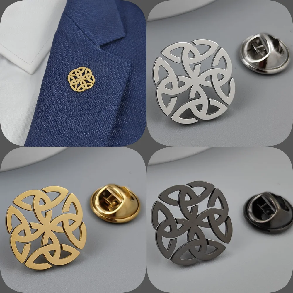 Round Celtic Knot Gold-plated Badge, Suit Lapel Pin Stainless Steel Black, Women’s Anti-Treading Button, Men’s Brooch