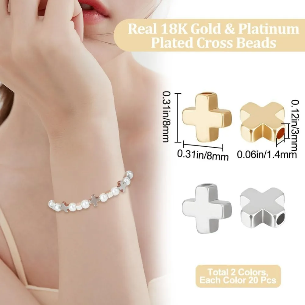 1 Box 40Pcs Small Cross Spacer Beads Real 18K Gold&Platinum Plated Crucifix Cross Loose Beads 8x8x3mm for DIY making kit