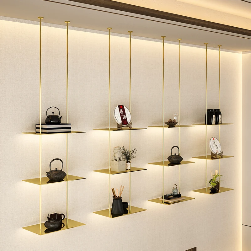 

Customized tea room hanging hanger baffle rack bar wall multi-layer gold decorative display rack