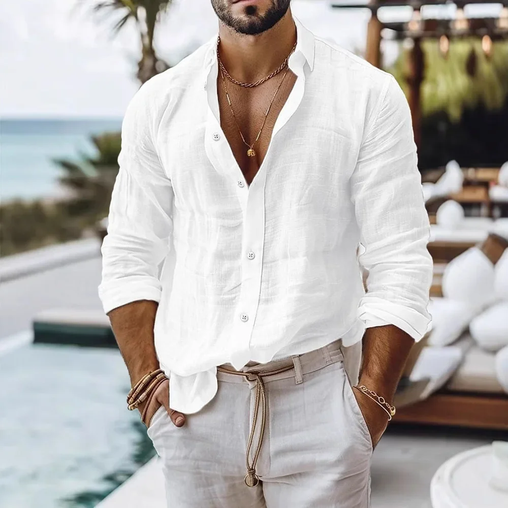 

Summer Men Solid Single Breasted Cotton Linen Lapel Short Sleeve Shirts Lightweight Beach Vacation Wear