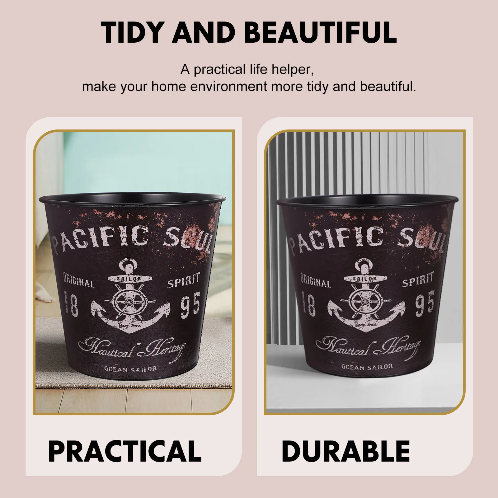 

Decorative Trash Bin Vintage Pattern Iron Garbage Can for Living Room Bedroom Laundry Room Waste Container Trash Bin