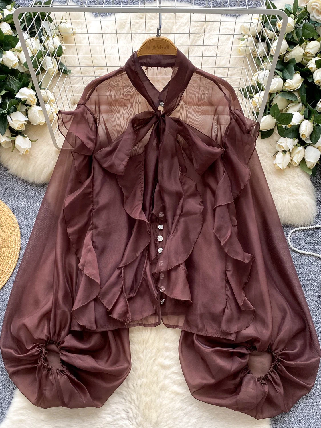 Elegant Ladylike Bubble Sleeve Shirt Women's Thin Mesh Shirt Autumn Fashionable Casual Breathable Polyester Fiber Blouse